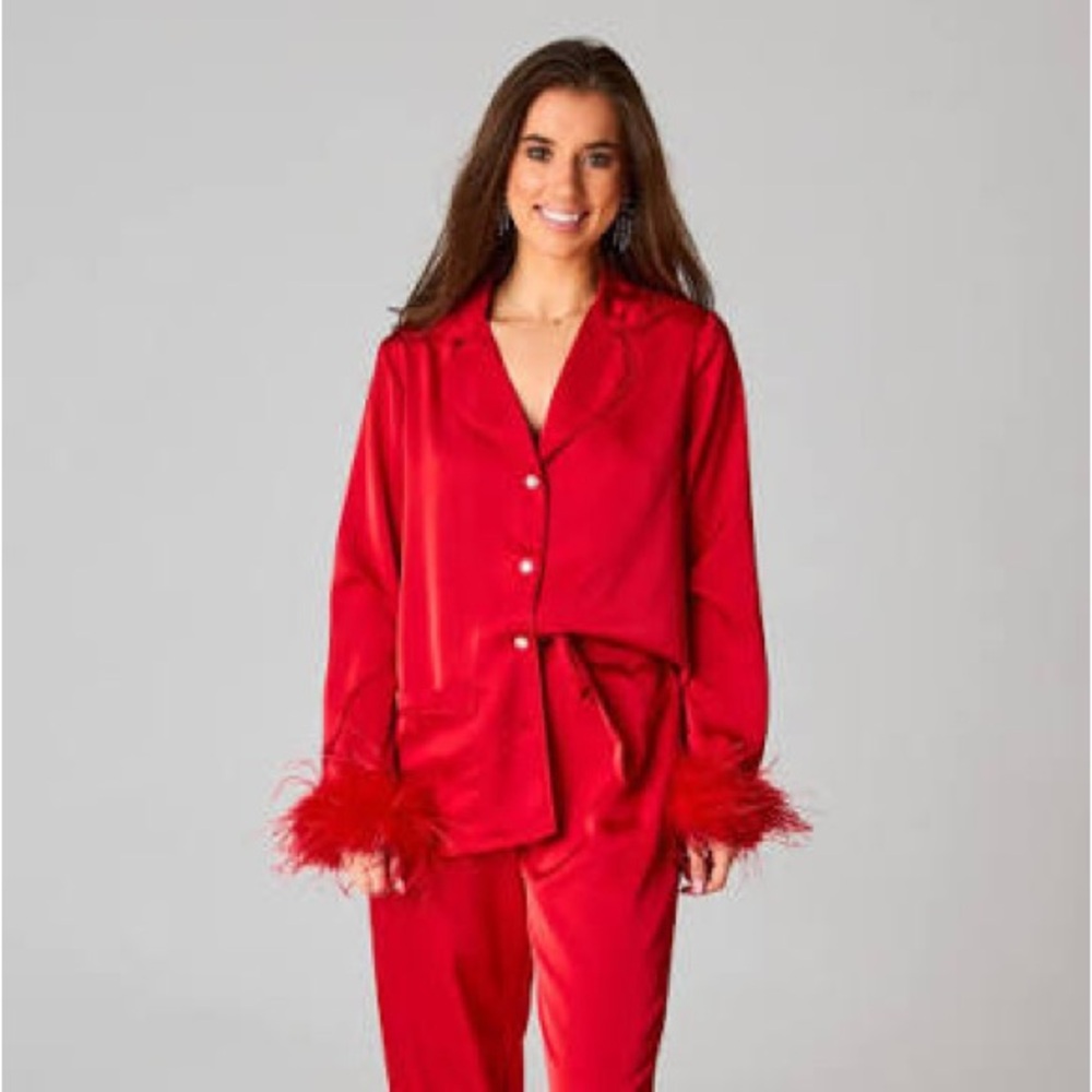 Satin Red Feather Trim Pajama Top